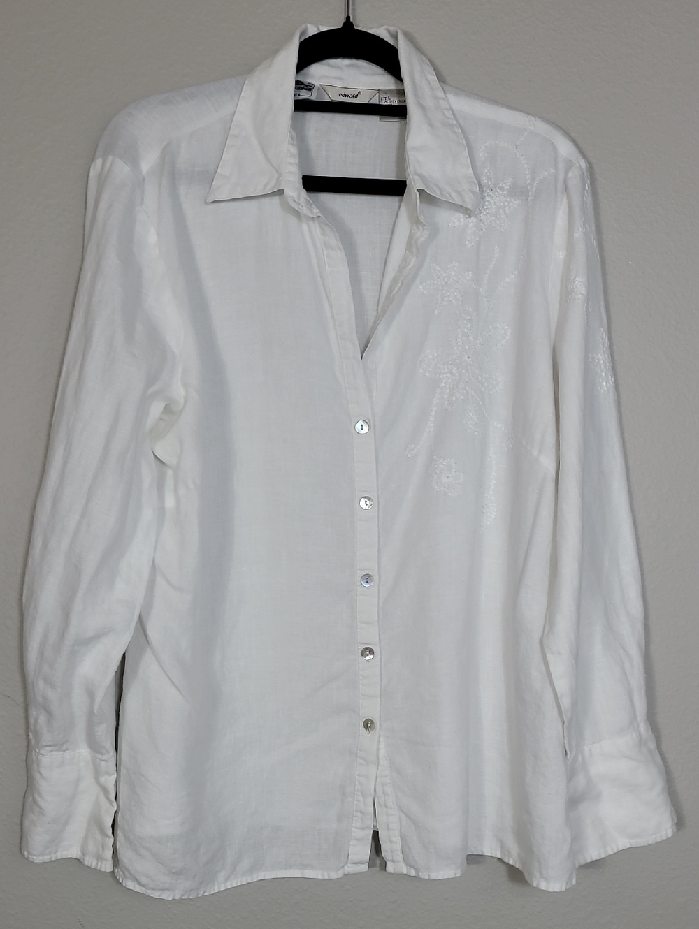 Edward 100% Irish Linen Button Down Shirt Size L White Embroidered Quiet Luxury